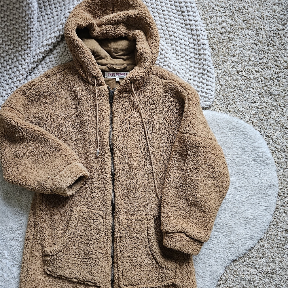 Free People Hooded Cassie Teddy Duster Coat Cinnamon - Picture 5 of 9